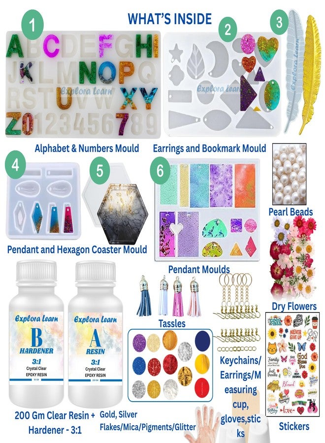 exploralearn 145 Pcs Ultimate Resin Art Kit with 200g Epoxy Resin - DIY Alphabet, Jewelry, Keychains, Coasters & Bookmarks - Includes Dried Flowers, Stickers, Glitters & More - Image 2